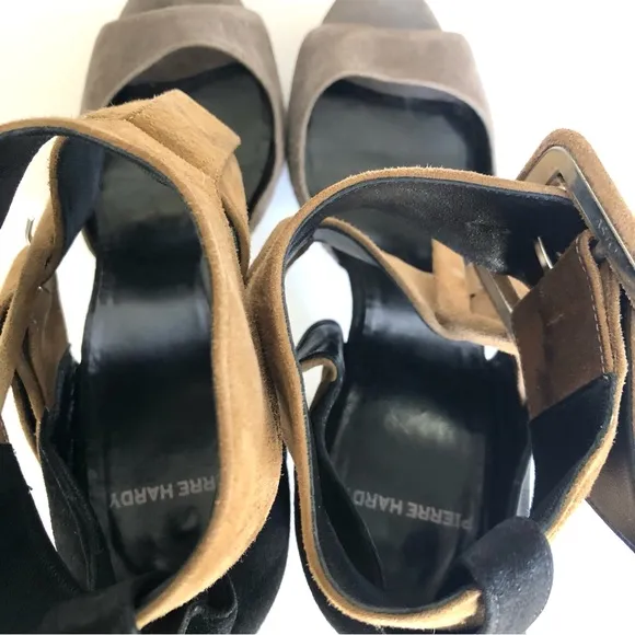 Pierre Hardy Suede Ankle Strap Platform Italian Tan Black Sandals Women’s