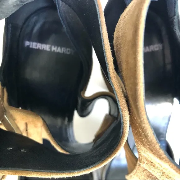 Pierre Hardy Suede Ankle Strap Platform Italian Tan Black Sandals Women’s