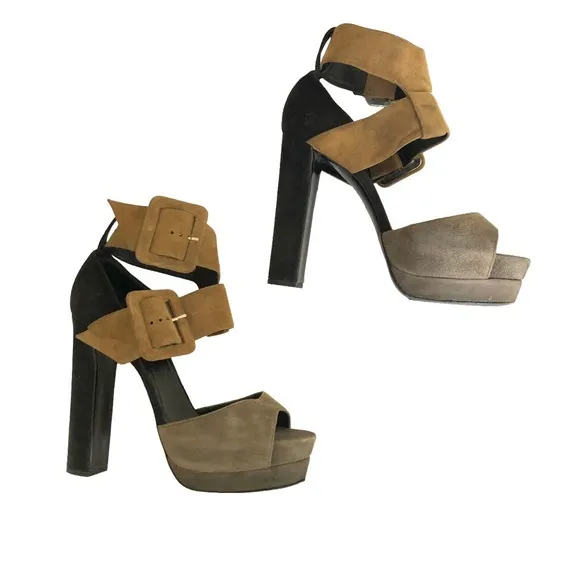 Pierre Hardy Suede Ankle Strap Platform Italian Tan Black Sandals Women’s