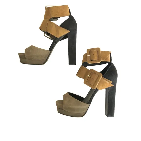 Pierre Hardy Suede Ankle Strap Platform Italian Tan Black Sandals Women’s