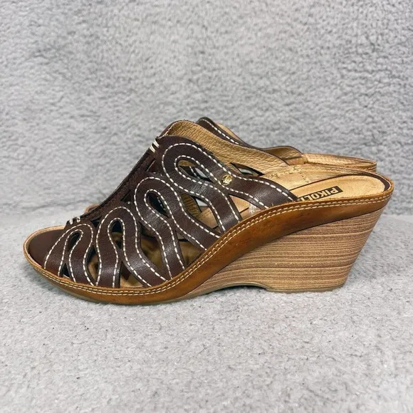 Pikolinos Capri Womens Size 38 US 7.5-8 Cut Out Wedge Sandals Brown Leather