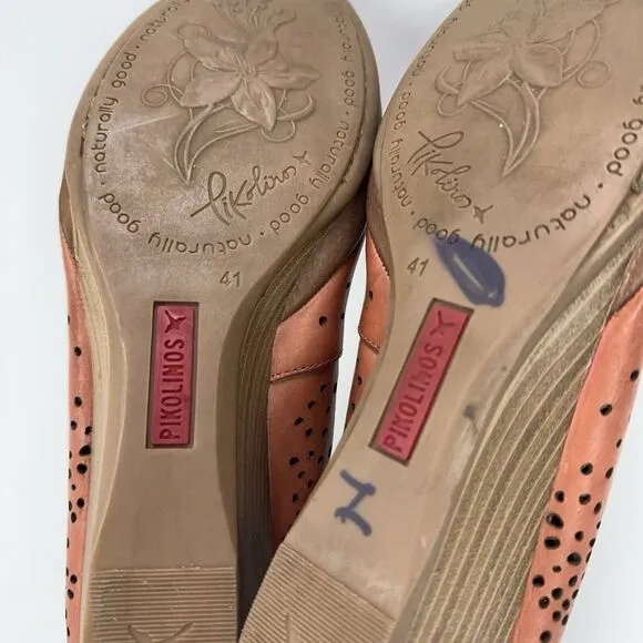 Pikolinos Trento Brandy Orange Leather Perforated Wedge Heels Shoes 41 / 10-10.5