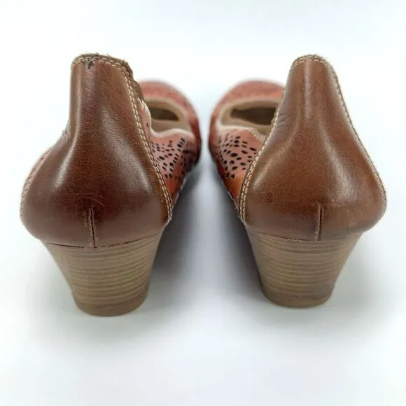 Pikolinos Trento Brandy Orange Leather Perforated Wedge Heels Shoes 41 / 10-10.5