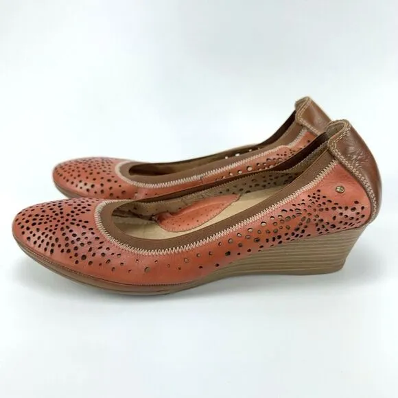 Pikolinos Trento Brandy Orange Leather Perforated Wedge Heels Shoes 41 / 10-10.5