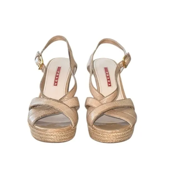 Prada Beige Leather Cork Woven Heels‎ Espadrilles Slingback Wedge Sandals 36 1/2