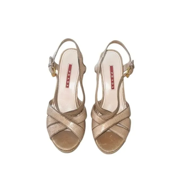 Prada Beige Leather Cork Woven Heels‎ Espadrilles Slingback Wedge Sandals 36 1/2