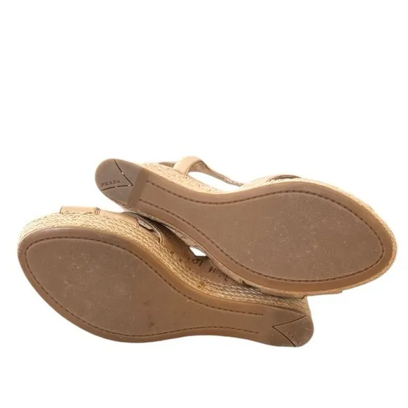 Prada Beige Leather Cork Woven Heels‎ Espadrilles Slingback Wedge Sandals 36 1/2