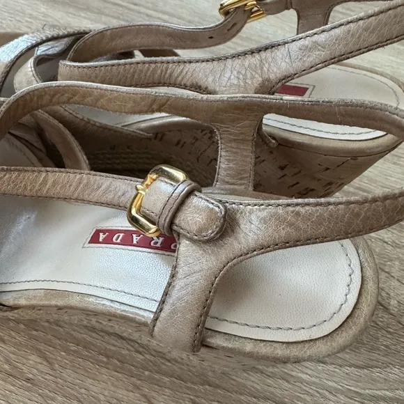 Prada Beige Leather Cork Woven Heels‎ Espadrilles Slingback Wedge Sandals 36 1/2