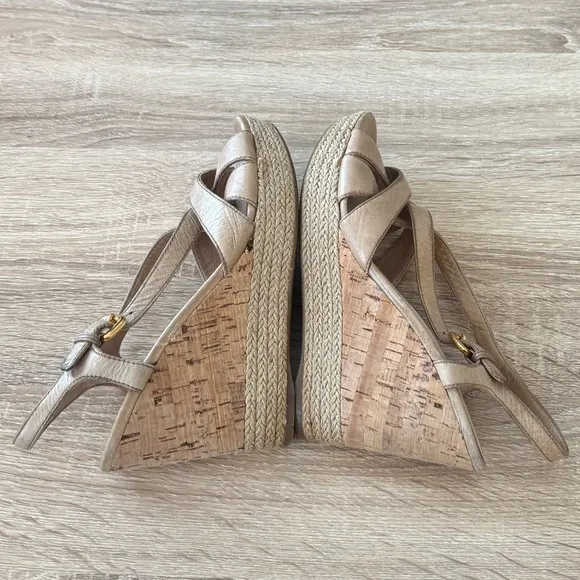 Prada Beige Leather Cork Woven Heels‎ Espadrilles Slingback Wedge Sandals 36 1/2