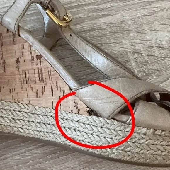 Prada Beige Leather Cork Woven Heels‎ Espadrilles Slingback Wedge Sandals 36 1/2