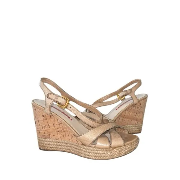 Prada Beige Leather Cork Woven Heels‎ Espadrilles Slingback Wedge Sandals 36 1/2
