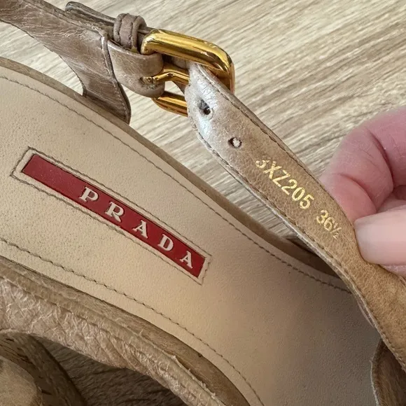 Prada Beige Leather Cork Woven Heels‎ Espadrilles Slingback Wedge Sandals 36 1/2