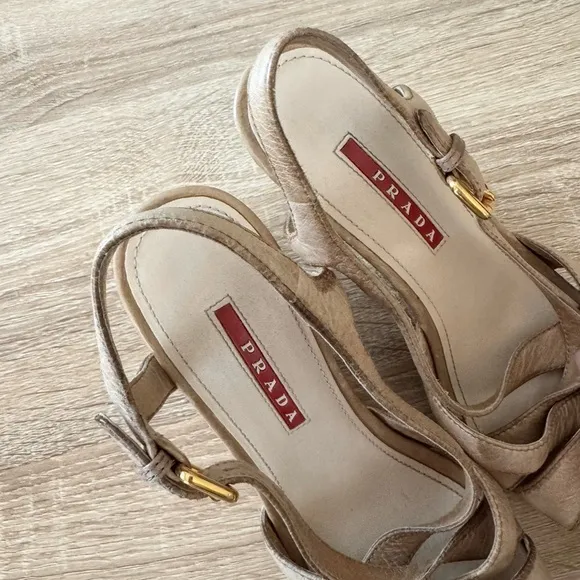 Prada Beige Leather Cork Woven Heels‎ Espadrilles Slingback Wedge Sandals 36 1/2