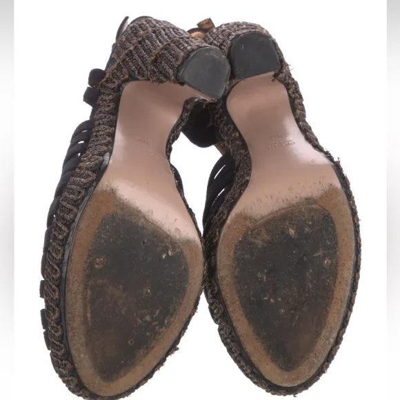 Prada Black Suede &amp; Raffia Slingback Platform Heel Sandals size 8.5