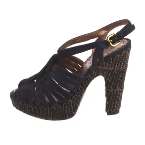 Prada Black Suede &amp; Raffia Slingback Platform Heel Sandals size 8.5