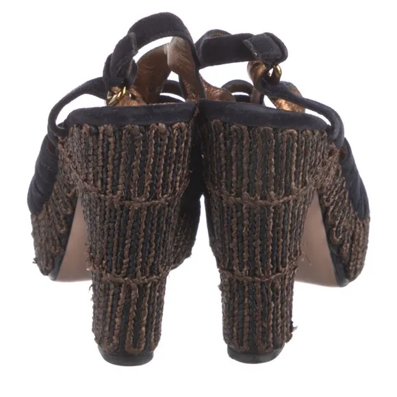 Prada Black Suede &amp; Raffia Slingback Platform Heel Sandals size 8.5