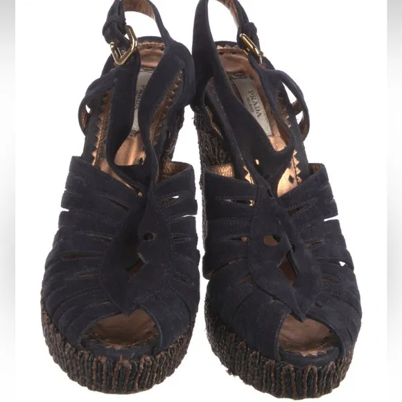 Prada Black Suede &amp; Raffia Slingback Platform Heel Sandals size 8.5