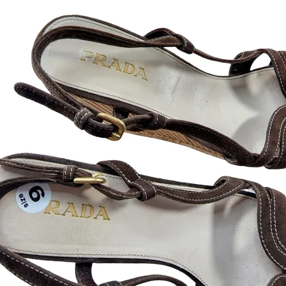 Prada Brown Suede Bamboo &amp; Cork Wedge Sandals Retro 39 / 9