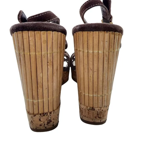 Prada Brown Suede Bamboo &amp; Cork Wedge Sandals Retro 39 / 9