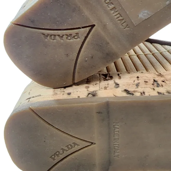 Prada Brown Suede Bamboo &amp; Cork Wedge Sandals Retro 39 / 9