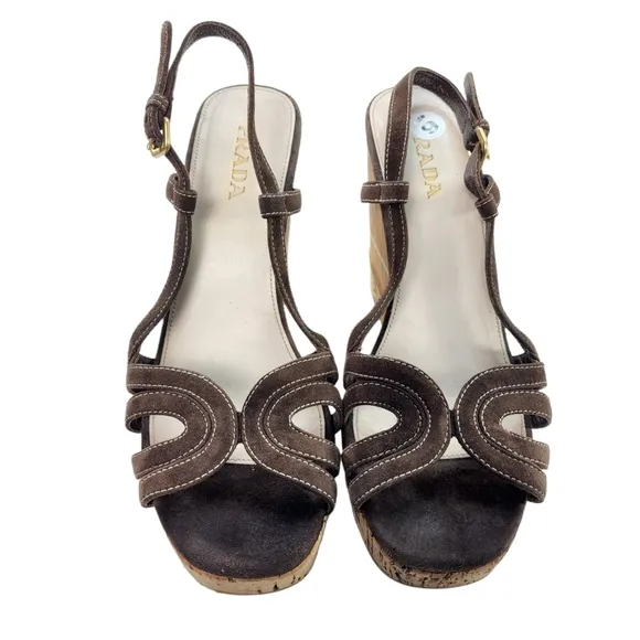 Prada Brown Suede Bamboo &amp; Cork Wedge Sandals Retro 39 / 9