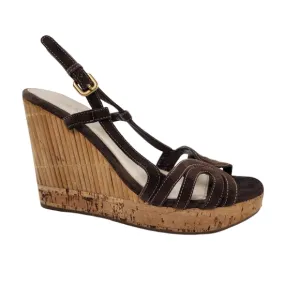 Prada Brown Suede Bamboo &amp; Cork Wedge Sandals Retro 39 / 9