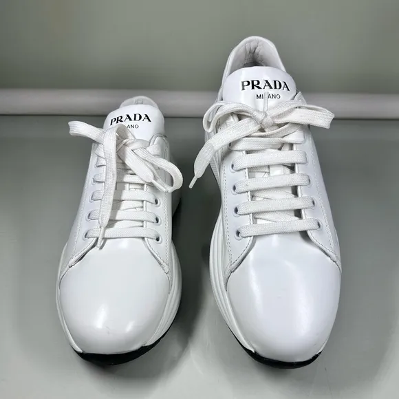 PRADA CHUNKY SNEAKERS SHOES 1E679L WHITE LEATHER Size 38