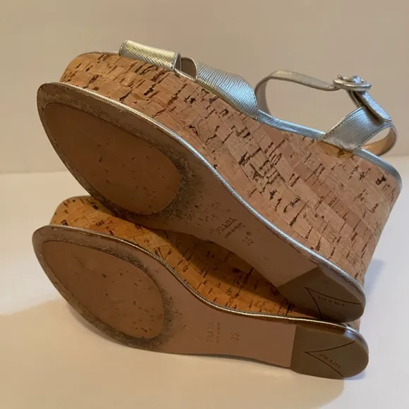 Prada leather silver leather cork wedge sandals Sz 35
