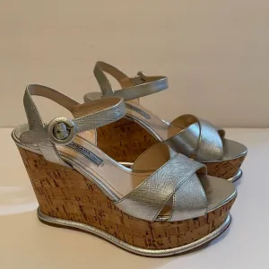 Prada leather silver leather cork wedge sandals Sz 35