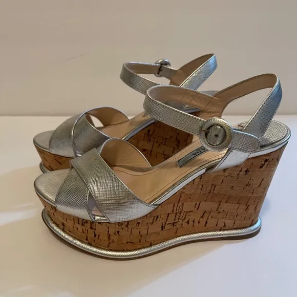Prada leather silver leather cork wedge sandals Sz 35