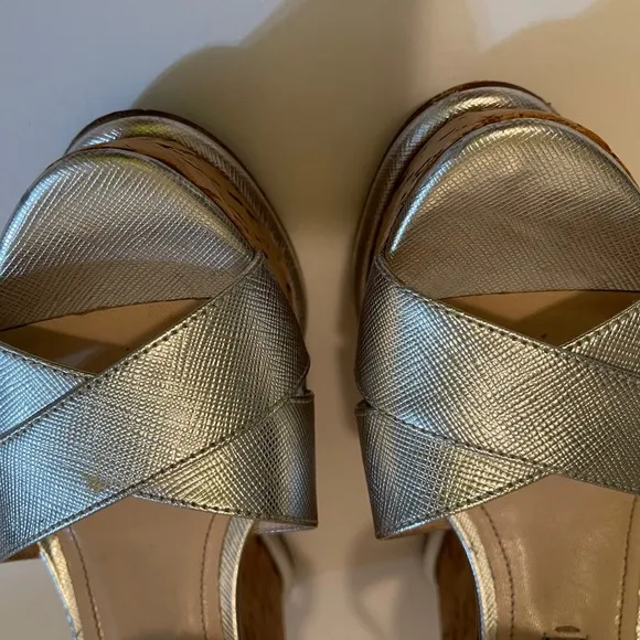 Prada leather silver leather cork wedge sandals Sz 35