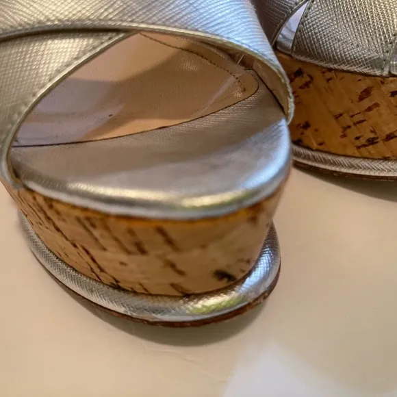 Prada leather silver leather cork wedge sandals Sz 35