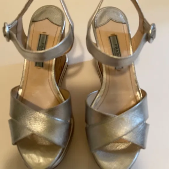 Prada leather silver leather cork wedge sandals Sz 35
