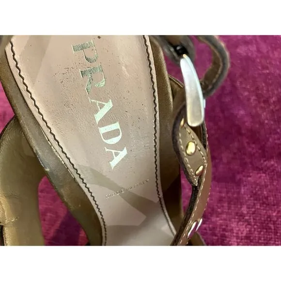 PRADA Pre-Loved Slingback Sandals w Chunky Studs Size 37 Shoes Tan Leather 7