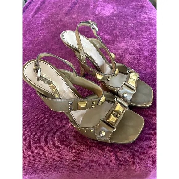 PRADA Pre-Loved Slingback Sandals w Chunky Studs Size 37 Shoes Tan Leather 7