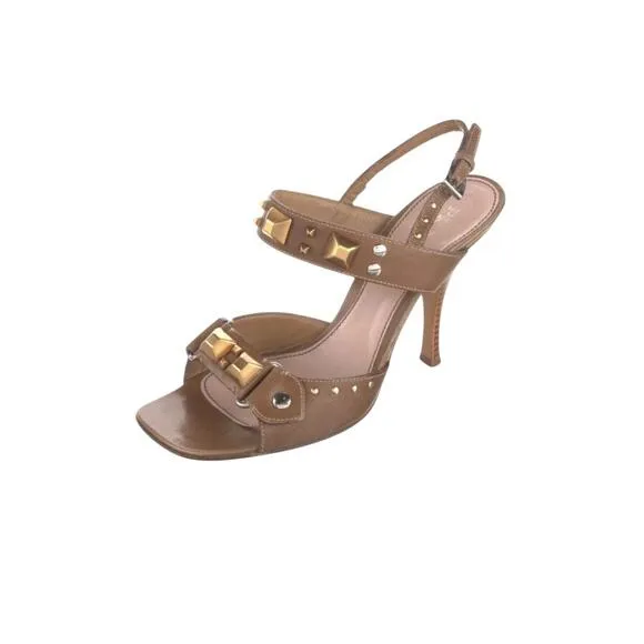 PRADA Pre-Loved Slingback Sandals w Chunky Studs Size 37 Shoes Tan Leather 7