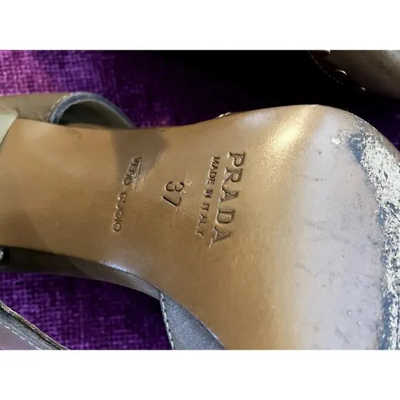 PRADA Pre-Loved Slingback Sandals w Chunky Studs Size 37 Shoes Tan Leather 7