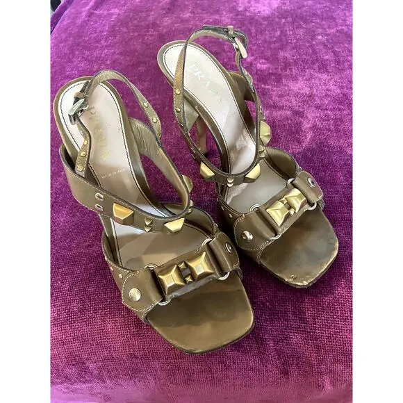 PRADA Pre-Loved Slingback Sandals w Chunky Studs Size 37 Shoes Tan Leather 7