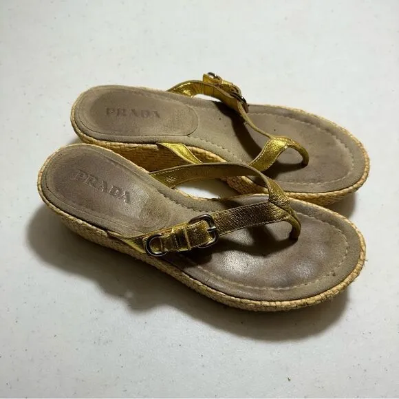 Prada Slides Thongs Wedge Platform Metallic  Gold Shoes Euro 36 Straw Raffia Sz6