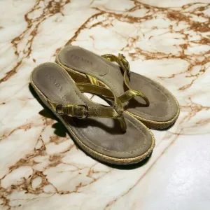 Prada Slides Thongs Wedge Platform Metallic  Gold Shoes Euro 36 Straw Raffia Sz6