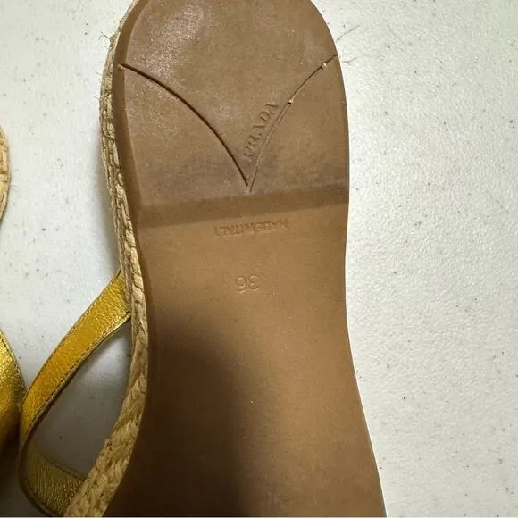 Prada Slides Thongs Wedge Platform Metallic  Gold Shoes Euro 36 Straw Raffia Sz6