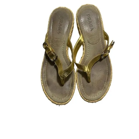 Prada Slides Thongs Wedge Platform Metallic  Gold Shoes Euro 36 Straw Raffia Sz6