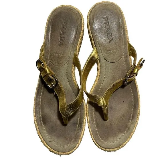 Prada Slides Thongs Wedge Platform Metallic  Gold Shoes Euro 36 Straw Raffia Sz6