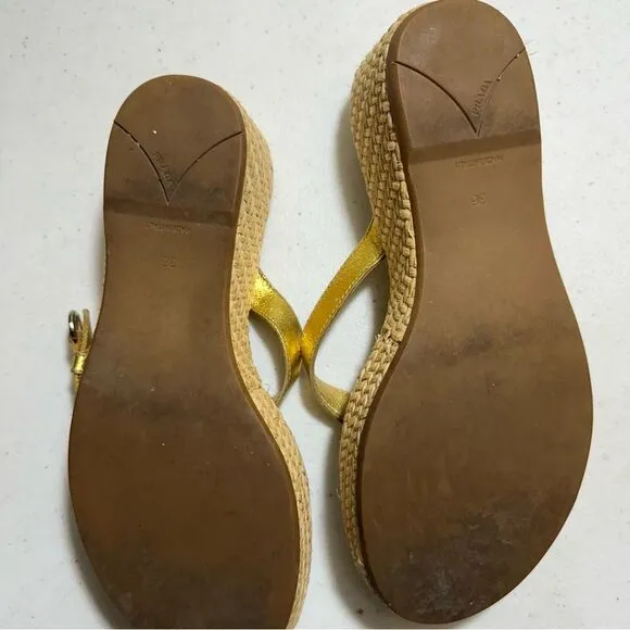 Prada Slides Thongs Wedge Platform Metallic  Gold Shoes Euro 36 Straw Raffia Sz6