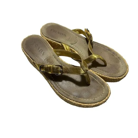 Prada Slides Thongs Wedge Platform Metallic  Gold Shoes Euro 36 Straw Raffia Sz6