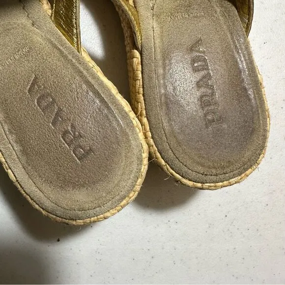 Prada Slides Thongs Wedge Platform Metallic  Gold Shoes Euro 36 Straw Raffia Sz6