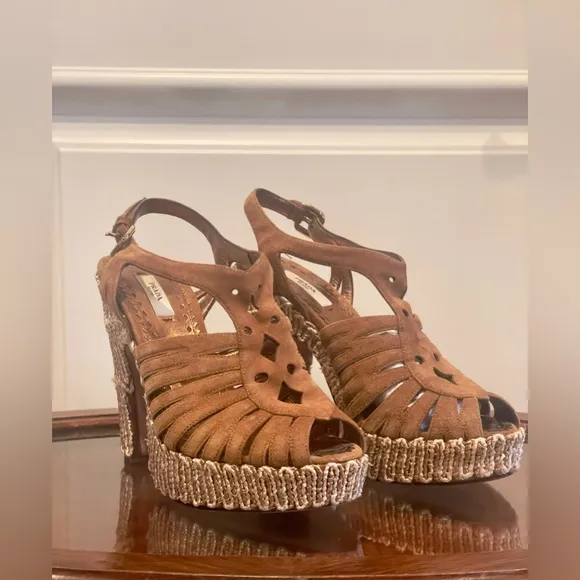 Prada Suede Leather Jute 70s Style Platform Sandals