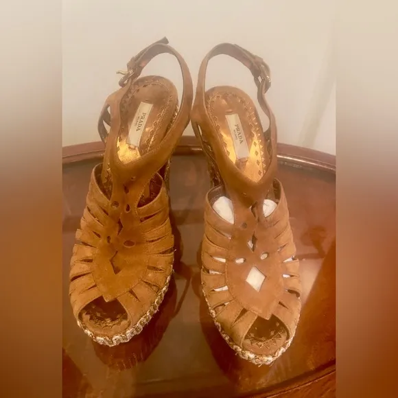 Prada Suede Leather Jute 70s Style Platform Sandals