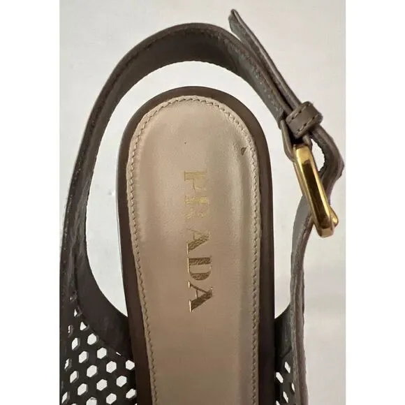 PRADA Sz 36.5 EU 6-6.5 US Perforated Peep Toe Platform Slingback Sandals Neutral