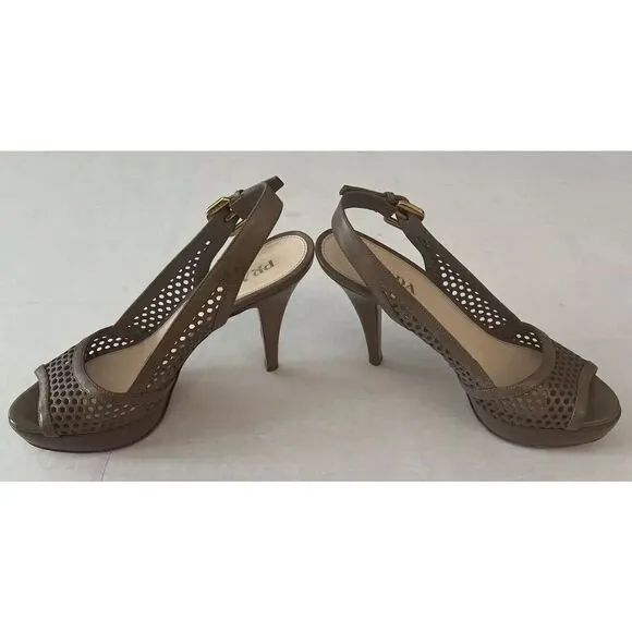 PRADA Sz 36.5 EU 6-6.5 US Perforated Peep Toe Platform Slingback Sandals Neutral